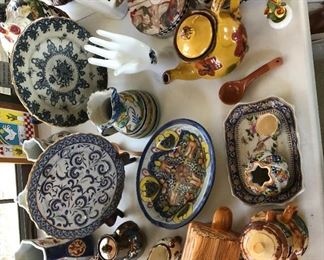 Lots of English, Italian, Spanish, Lustre Wares. The hand waved goodbye with the family. Some of the Italian and English in this picture have sold, but plenty left. A few roosters are still in the pen!