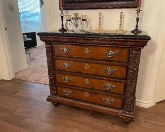 Antique Style 4 Drawer Chest with Black Marble Top