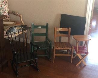 childrens solid wood rocker- chairs  small folding stools   