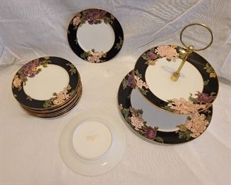 Fitz and Floyd Cloisonne Peony Plates and 2 Tier Serving Dish 
