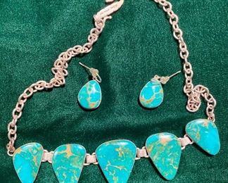 Navajo - JUAN WILLIE "signed"- Handmade Sterling Silver Turquoise Necklace w/ earrings 