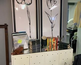 Flower Prints $125 each. Buffet about 60" long. Used condition. Has its battle scars. New $3,500. $200