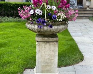 AVAILABLE FOR PRESALE! ($275 EACH + 20% MARKUP) Fluted-Rim Round Concrete Urns on Pedestals - 2 available. Each measures 40"H. The pedestal base is 28"H and the diameter of the fluted urn's opening is 24". 