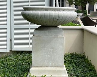 AVAILABLE FOR PRE-SALE! ($500 EACH + 20% MARKUP) Large Round Fluted Concrete Urn on Pedestal - 2 available. Each measures 53" H. Diameter of opening is 37"W.  They are two pieces but "glued" together with cement. 