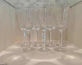 Waterford Lismore Crystal - 12 Champagne Flutes, eight 10.5"H water glasses, ten 7.25" white wine glasses and twelve 6.5"H red wine glasses. 
