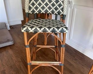 AVAILABLE FOR PRESALE! ($900 + 20% MARKUP) Glac Seat Poitoux Nylon and Rattan Bistro Bar Stools with Brass Foot Plate - available. Seat height is 32" x 18"W. Back height is 45"H. Photo 1 of 2