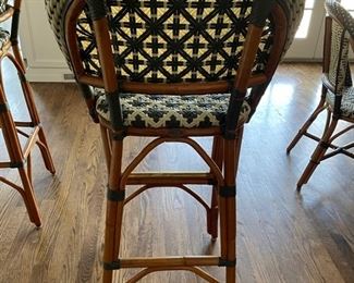 AVAILABLE FOR PRESALE! ($900 + 20% MARKUP) Glac Seat Poitoux Nylon and Rattan Bistro Bar Stools with Brass Foot Plate - available. Seat height is 32" x 18"W. Back height is 45"H. Photo 1 of 2