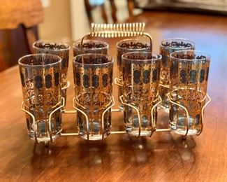 Set of 8 Highballs in Gold Caddy.  Made in Italy. 