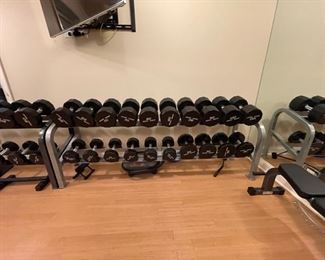 Complete Weight Weight Set & Racks. Weight sequence: 5, 7.5, 10, 12, 15, 17.5, 20, 22.5, 25, 27.5, 30, 35 increasing in 5 pound increments to 100 pounds. Photo 1 of 2