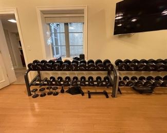 Complete Weight Weight Set & Racks. Weight sequence: 5, 7.5, 10, 12, 15, 17.5, 20, 22.5, 25, 27.5, 30, 35 increasing in 5 pound increments to 100 pounds. Photo 2 of 2