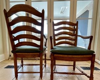 Set of 6 Collection Reproduction Ladderback Arm Chairs with cane seats. Seat cushions: Pierre Frey Menerbes blue fabric. Photo 1 of 2