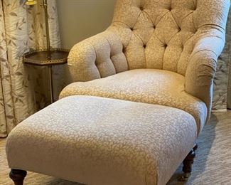 Lee Jofa Leeds Chair & Ottoman. Pierre Frey Brantome Sesame fabric. Chair measures 34" D x 36" W x 38" H; ottoman: 31" W x 24" D.