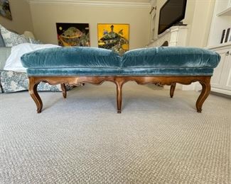 Mike Bell Milanese Bench/Banquette. Holland & Sherry blue silk velvet. Measures 62" W x 26 1/2" D x 23" H.