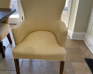 Set of 6 Arhuas Harden Dining Chairs. Upholstered in Jumper Daffodil fabric. Set includes 2 arm chairs and 4 side chairs.