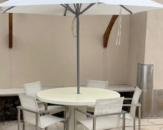 Modern Outdoor Dining Set includes tables, 5 chairs and Santa Barbara Umbrella - 2 available. Diameter of table is 50". Photo 1 of 4