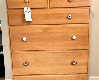 $150.00 Six drawer dresser with sports pulls, 33W 18.25D 46H
