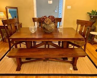 $1200.00 Pedestal dining table with 4 chairs and bench . Beautiful condition!! 72W 40W 30H (table), 72W 14D 17.5H (bench), 19W 17D 42H (chairs)