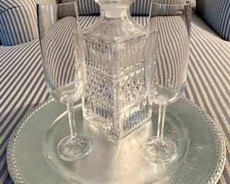 $28.00 Beautiful crystal decanter. $12.00 Set of three champagne flutes (only two are shown).