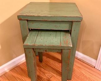 $60.00 Pair of distressed, green nesting tables, 17W 15D 26H (large one), 12W 15.5D 20H (small one)