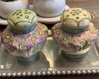 $80.00 Pair of 19th century hand painted salt and pepper shakers.