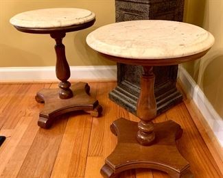 $80.00 Each. Mahogany side tables with marble tops. 14 D 19H