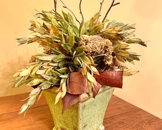 $48.00 Floral display in green ceramic pot. 11W 17H