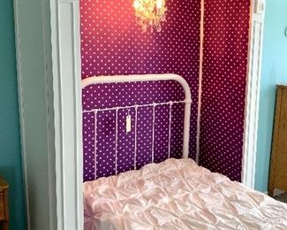 $250 White wood with purple lining 'headboard' that surrounds the $100 twin bed. Measures 60l x 24w x 78h. The chandelier works! You will have to disassemble to move.