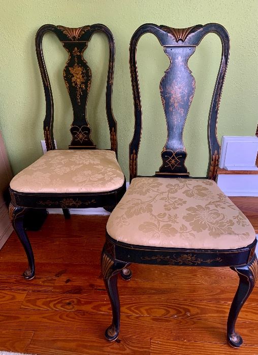 #1004A  Set of 10 Chinoiserie  dining  chairs (all sides).  17” (w) x 15” (d) Sold as a set only. $110 each OWNER MINIMUM $85ea