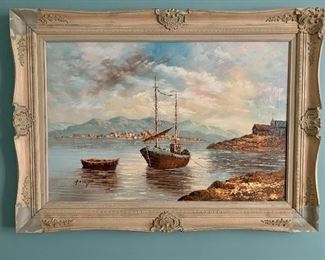 #1037A  Oil painting; 44” x 33” ; frame needs some repair. $225