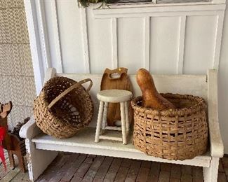 Small church pew with split oak handwoven baskets and a huge gourd!