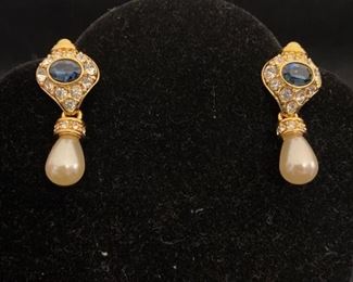 035 Nolan Miller Pearl Drop and Blue Stone Earrings