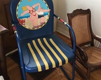 Everlasting chair with whimsical painting...And child's caned rocker. 