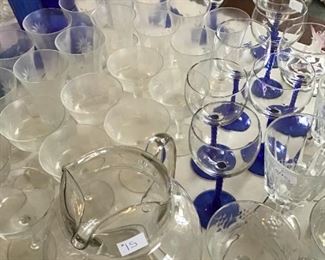 Vintage glassware, some etched and some cobalt blue stemware.