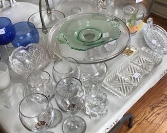Vintage cake stand, stemware and some colored glassware. 