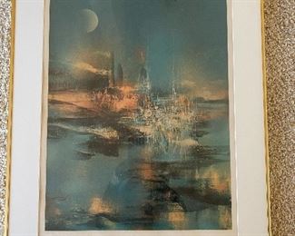 Lithograph by Leonardo Nierman. "City on a Cliff". Framed, measures 24.5”W x 31”H. 