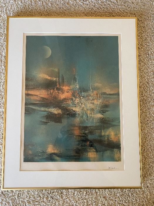 Lithograph by Leonardo Nierman. "City on a Cliff". Framed, measures 24.5”W x 31”H. 
