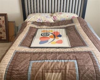 Queen, wood, arts & crafts style headboard. Full size mattress and frame. 