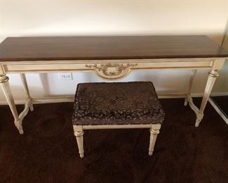 Traditional sofa table with matching bench. Table measures 60”W x 15” D x 28” H. Bench measures 22”W x 14.5”D x 16”H. 