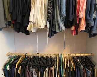 Pants, tops, shoes, handbags, jewelry, dresses, undergarments, scarves, etc. Every size small to extra-large. Every style young to mature. Almost impossible to describe, so just come on out and see for yourself. Items from mom and daughter. 