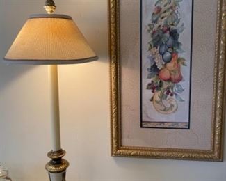 Pair of fruit matted prints, Neoclassical candlestick buffet lamp. 