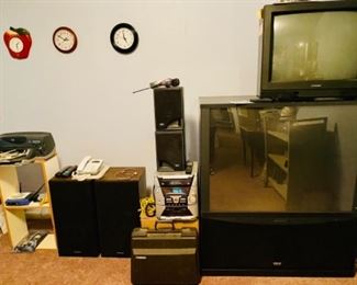 Electronics including stereo speakers, TV, portable stereo system, printer, phones 