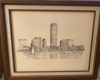 Framed etching of Prudential tower in Boston by C.M. Goff
