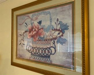 Chinoiserie print of flowers in cache pot. Triple matted with linen matte and gold frame. Very nice!