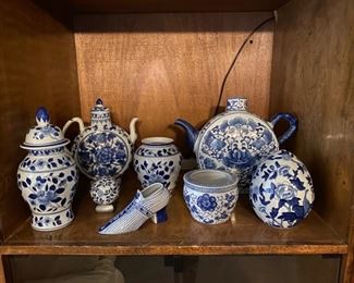 Blue and white ceramic decor. Ginger jar, moon flask pitchers, egg, vase, flower pot