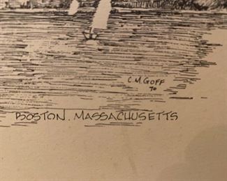 Etching of Prudential Tower in Boston by CM Goff, 1972
