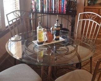 Glass top round table, chairs, baker's rack