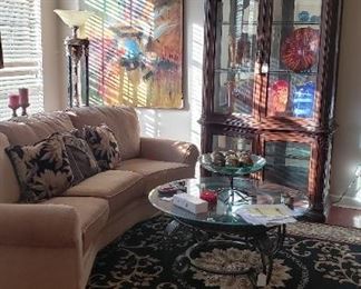 Living Room area, Woodbridge sofa, curio base/top, Noble Collection area rug