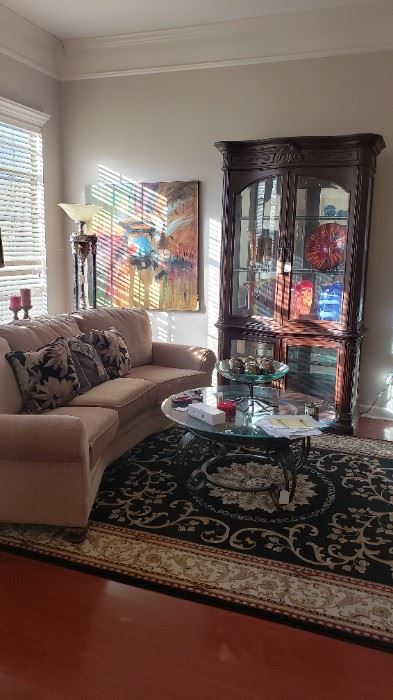 Living Room area, Woodbridge sofa, curio base/top, Noble Collection area rug