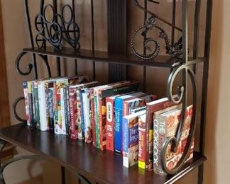 Baker's rack, cookbooks, wine rack