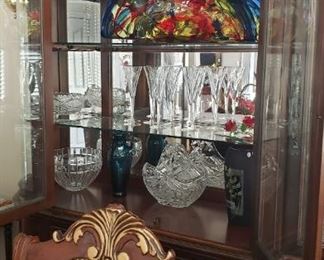 Curved China Cabinet, open doors, glassware